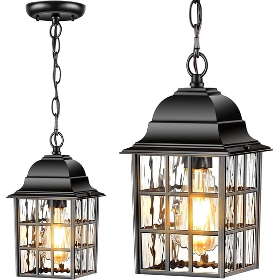 VIANIS Outdoor Pendant Lights, Black Outdoor Lanterns for Front Porch Anti-Rust Aluminum, Outdoor Farmhouse Light Fixture, Gazebo Chandelier with Tempered Ripple Glass for Porch, Garage, Entryway