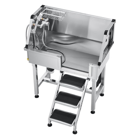 34" Dog Grooming Tub Stainless Steel with Stairs & Faucet - Pet Bathing Station with Showerhead & Drain