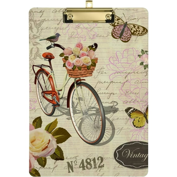 FMSHPON Vintage Bicycle Roses Yellow Butterflies Clipboard Hardboard Wood Nursing Clip Board and Pull for Standard A4 Letter 13x9 inches