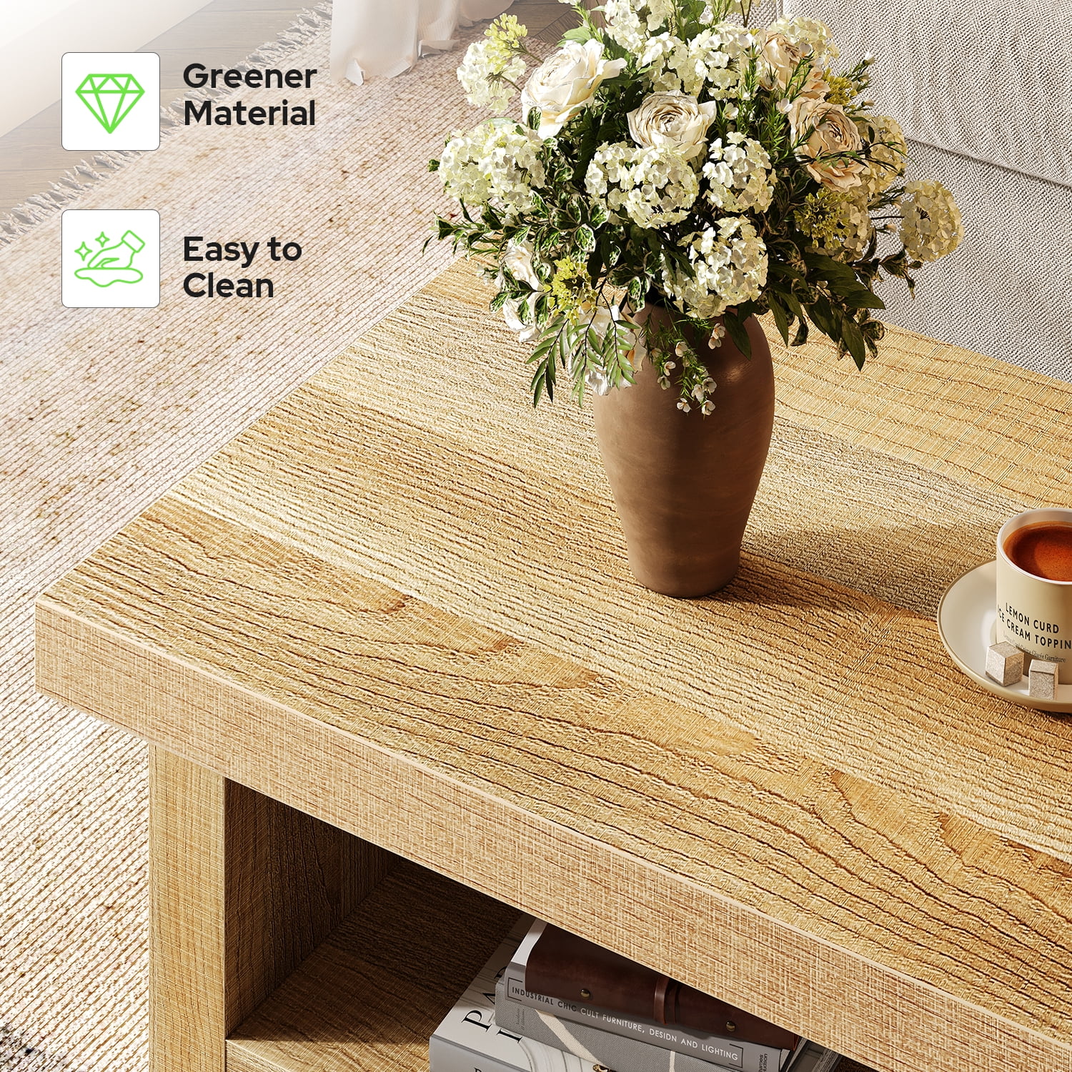 47" Rectangle Farmhouse Coffee Table, 2-Tier Storage Center Tables, Wooden Rectangular Table, Low Cocktail Tea Table for Living Room, Thick & Sturdy Base, Easy Assembly, Natural