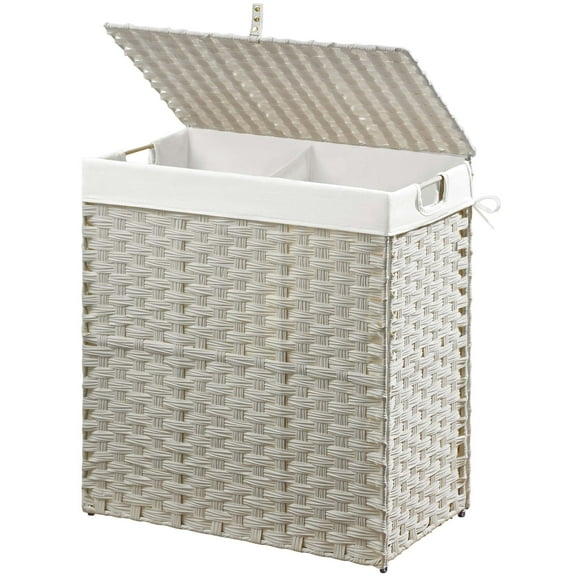 Rolanstar 130L Laundry Hamper Wicker Laundry Basket with Lid, Handles Clothes Hamper Foldable with 2 Removable Liner Bags, White