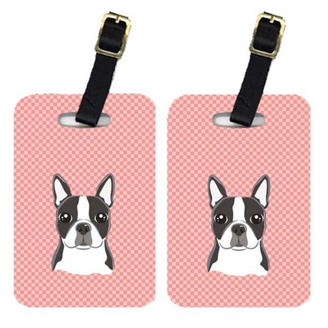 Pair Of Checkerboard Pink Boston Terrier Luggage Tags