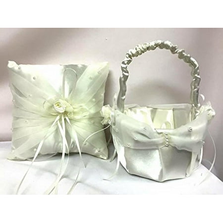 Ivory Wedding Ring Pillow With Flower Girl Basket Set With