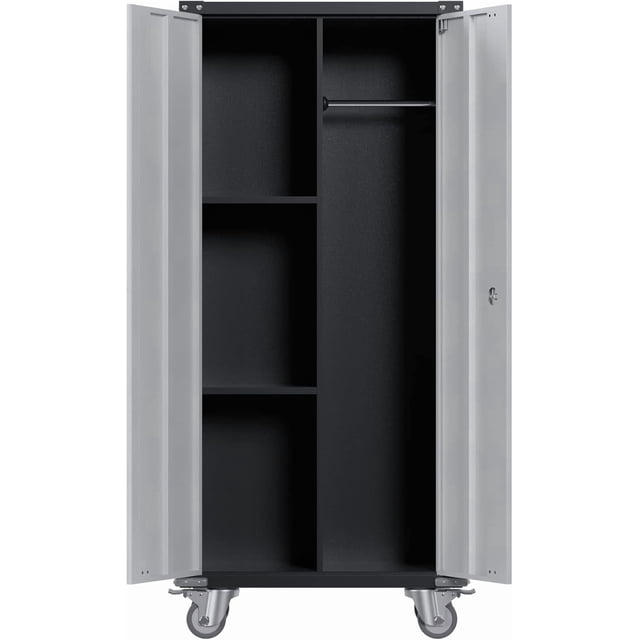 Armoire de Rangement en Métal Robuste Verrouillable de 71 Pouces de Hauteur avec Roues à 360°, Armoire en Acier avec Tablettes et Portes Ajustables, Armoire de Garage Roulante pour Bureau, Maison, Garde-Manger et Atelier