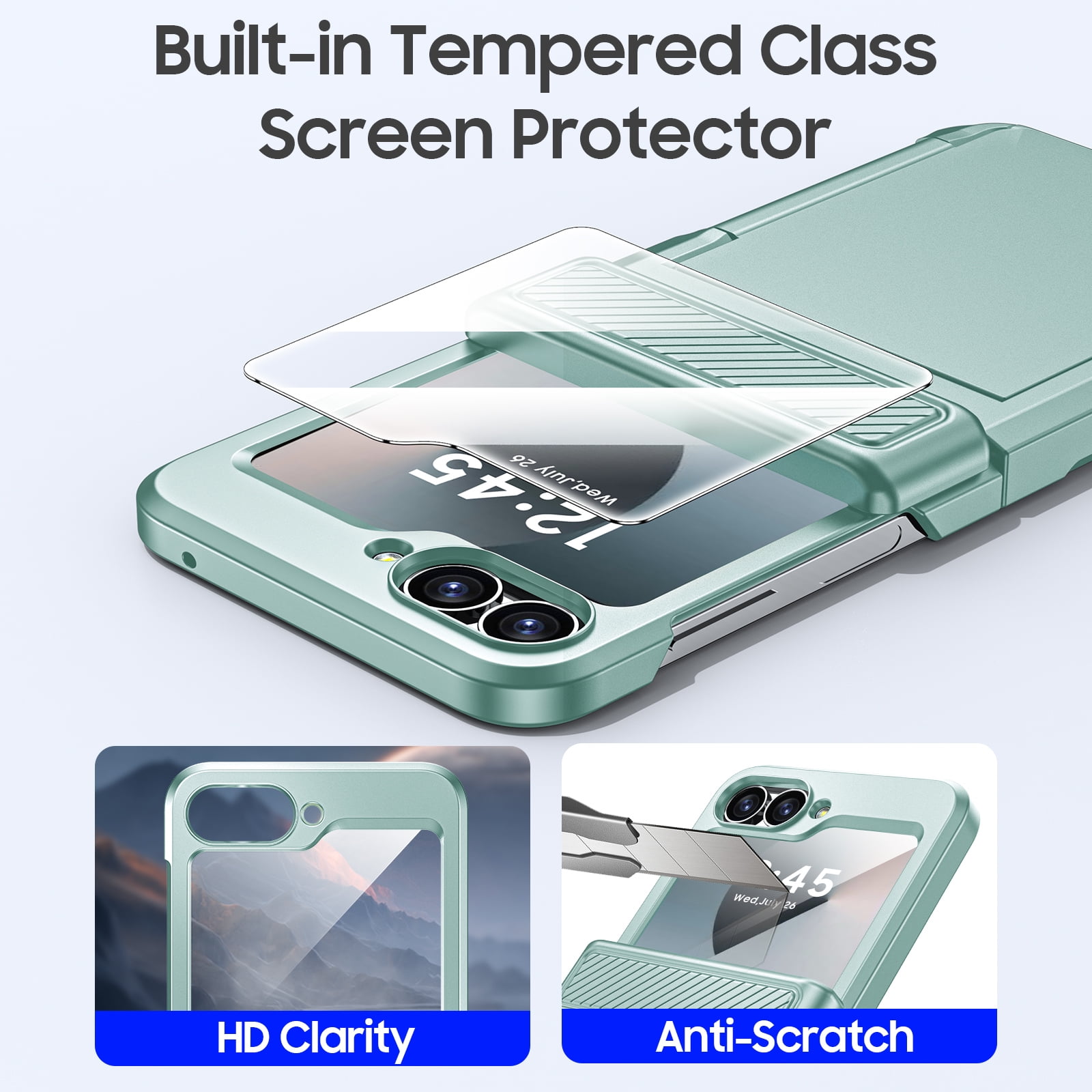 Oupeigar for Samsung Galaxy Z Flip 6/7FE Phone Case with Card Holder[RFID Blocking],Hinge Protection,Screen Protector,Shockproof Case-Mint Green