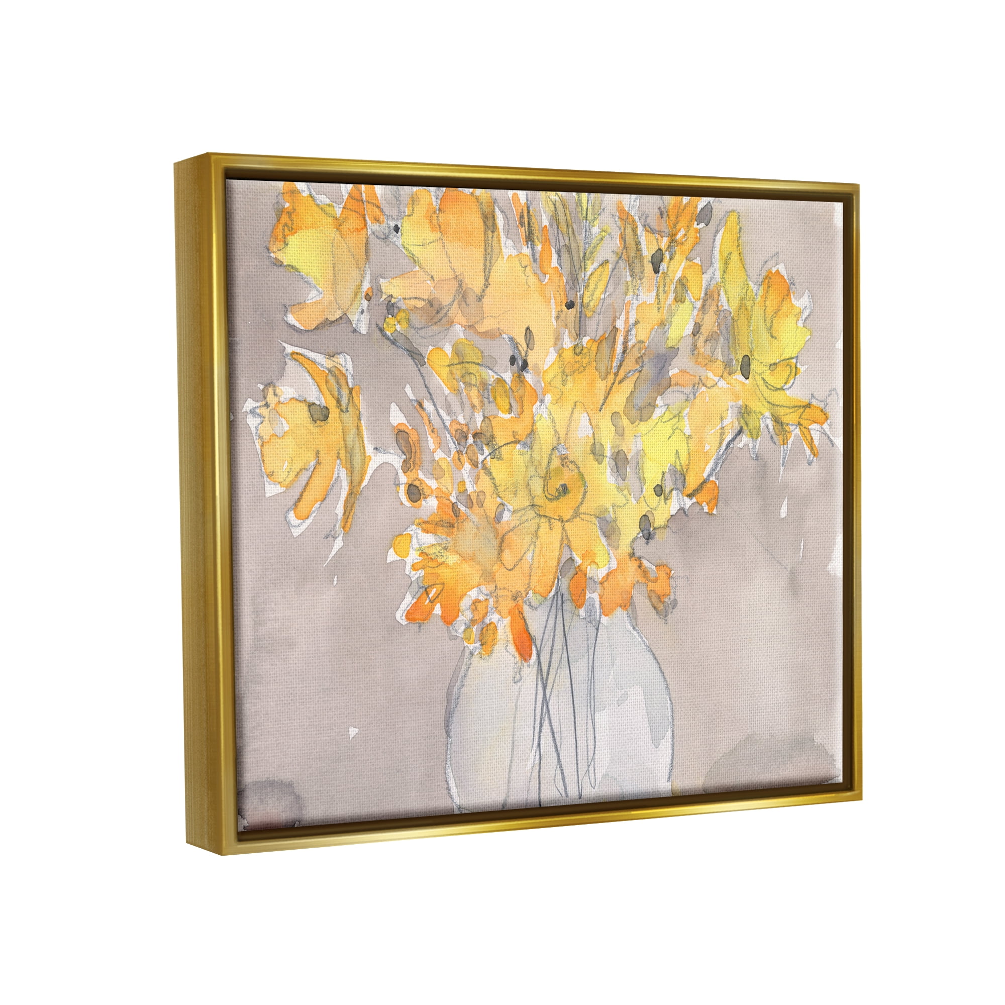 Stupell Yellow Scribble Style Bouquet Botanical & Floral Painting Gold Floater Framed Art Print Wall Art