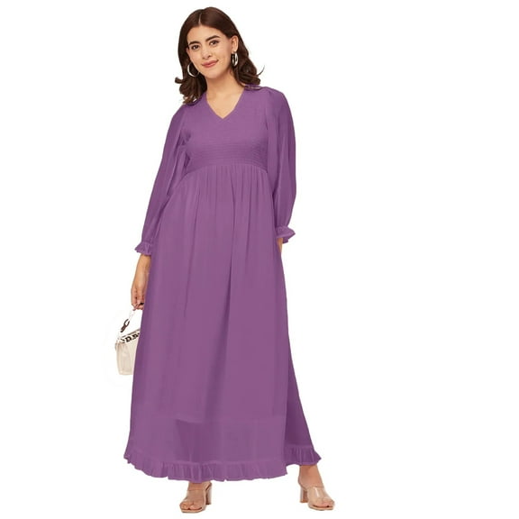 Moomaya Elegant Solid Long Sleeve Dress - V Neck, Empire Waist, Evening Wear
