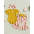 thumbnail image 2 of Wassery Infant Baby Girls Clothes Solid Color Knit Rib Short Sleeve Romper Crew Neck Jumpsuits Flower Print Flare Pants Headband 3Pcs Summer Set 0-18M, 2 of 8