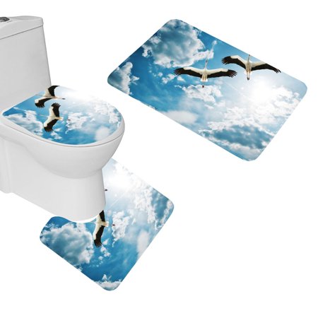 CHAPLLE Cranes Birds Flying Sky 3 Piece Bathroom Rugs Set Bath Rug Contour Mat and Toilet Lid Cover