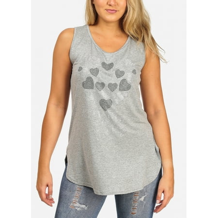 Rhinestone Printed Top - Womens Juniors Women's Junior Casual Super Stretchy Sleeveless Rhinestone Hearts Lovely Print Grey Tunic Top 40202R