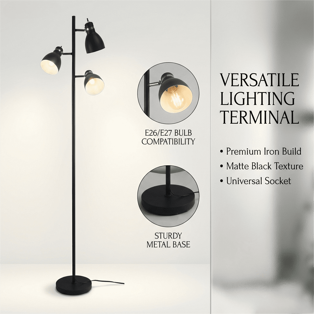 65" Black Metal Tree Floor Lamp Modern Standing Tall Pole with 3 Adjustable Rotating Lights Floor for Living Room Bedroom Offic(not include bulb)