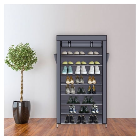 10 Tier Shoe Rack Organizer with Cover - Dustproof Shoe Storage Cabinet for Entryway Closet - Holds 45 Pairs - Black