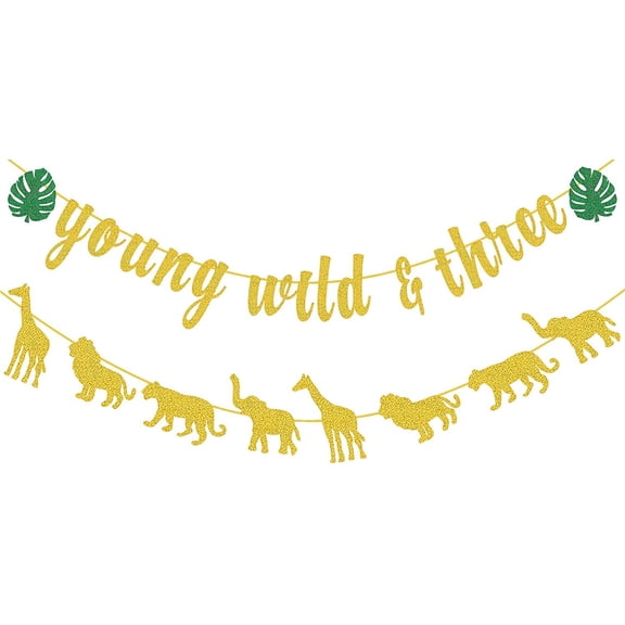 Tropical 3rd Birthday Party Decorations, Young Wild and Three Banner, Jungle Wild Animal Happy Birthday Banner for 3rd Birthday Party Baby Shower Party Decorations