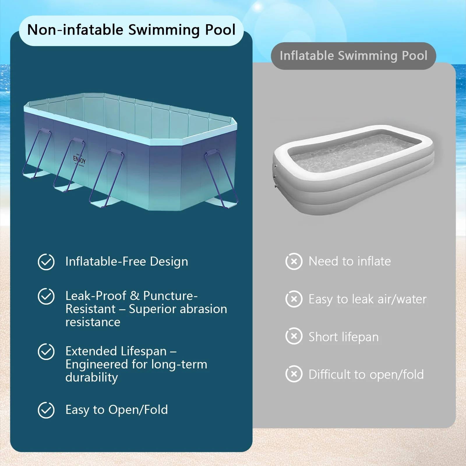 ManyFun Foldable Swimming Pool, Large Non-Inflatable Adults Kids Outdoor Pools, Ice Blue, 101" x 66" x 20"