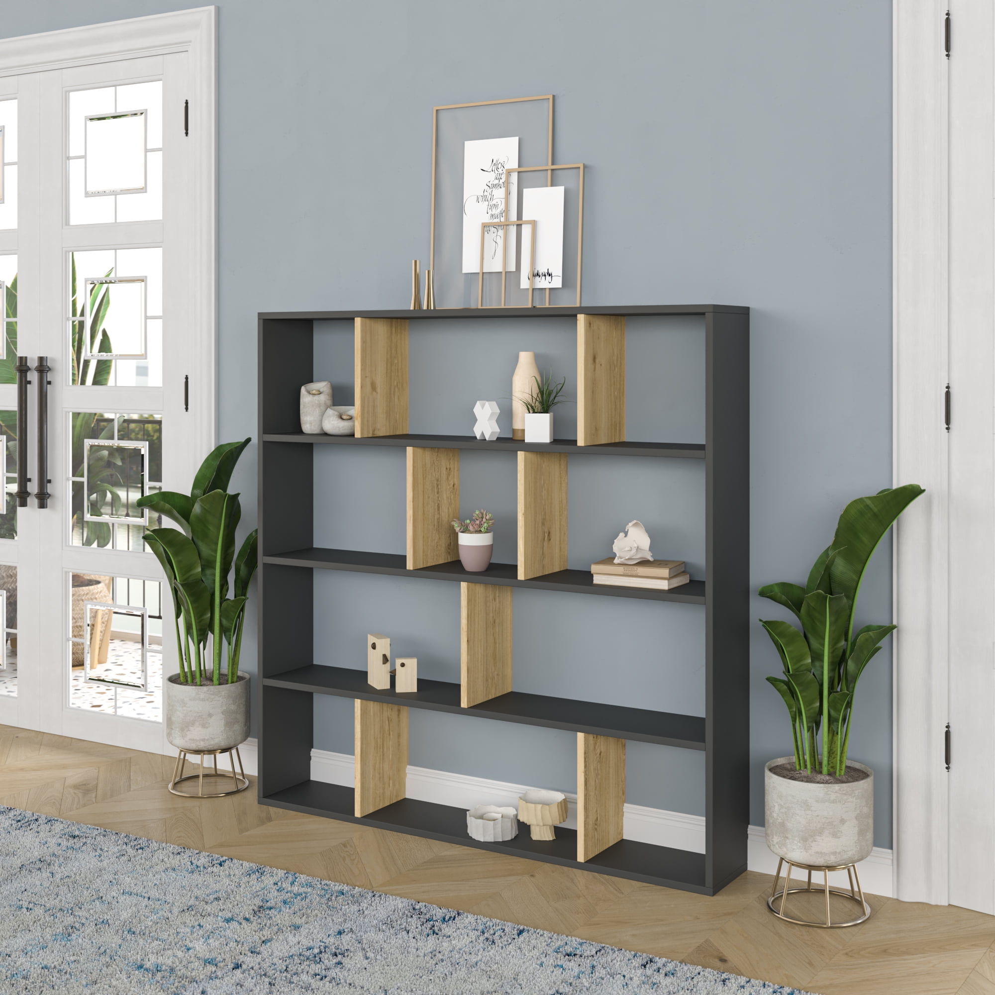 Ada Home Decor Hobdi 4 Tier Open Shelf Cube Modern Bookcase, Anthracite/Oak