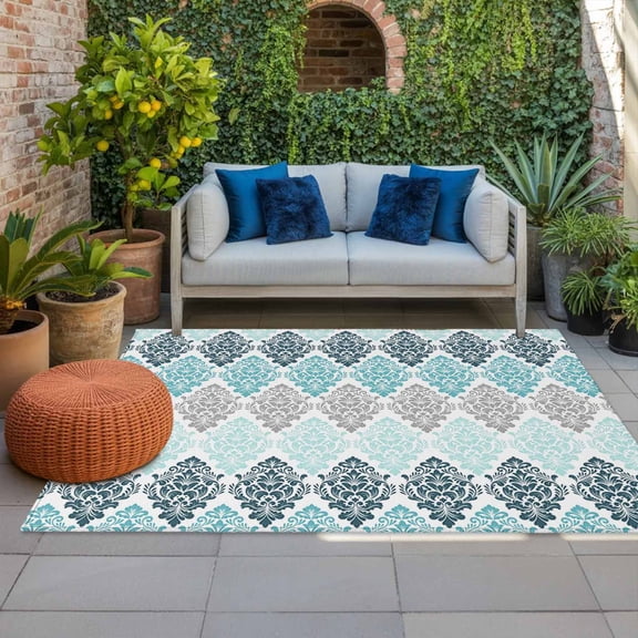 Outdoor Rug 3x5 ft Floral Damask Pattern Outdoor Large Area Rug Non Slip Rubber Ombre Teal Blue Luxury Front Door Mat RV Rug Camping Carpet Patio Outdoor Rugs for Backyard Balcony Deck Porch Indoor