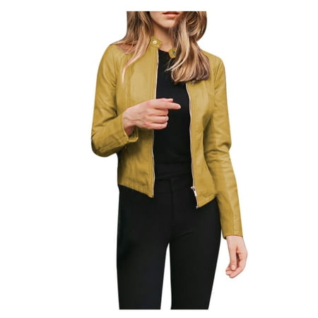 

nsendm Motor Women Zip Lapel Ladies Short Tops Cropped Punk Biker Jacket Coat Women s Coat Soft Jackets for Women Coat Yellow 3X-Large