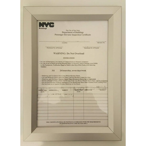 Elevator Inspection Certificate Frame 6" X 9" ( Heavy Duty Aluminum
