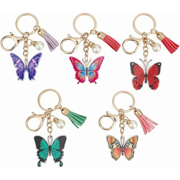 1 Box 5Pcs 5 Colors Butterfly Keychain Pack Butterflies Keychains Bulk Acrylic Colorful Insect Animal Imitation Pearl Tassel Charm Key Chains DIY