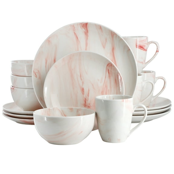 Elama Fine Marble 16 Piece Porcelain Dinnerware Set in Red, Service for 4