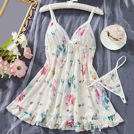 uublik Lingerie Women Set Valentine s Day Lace Dress Mesh Chemise Nightgown Sleepwear with Panty Multicolor S