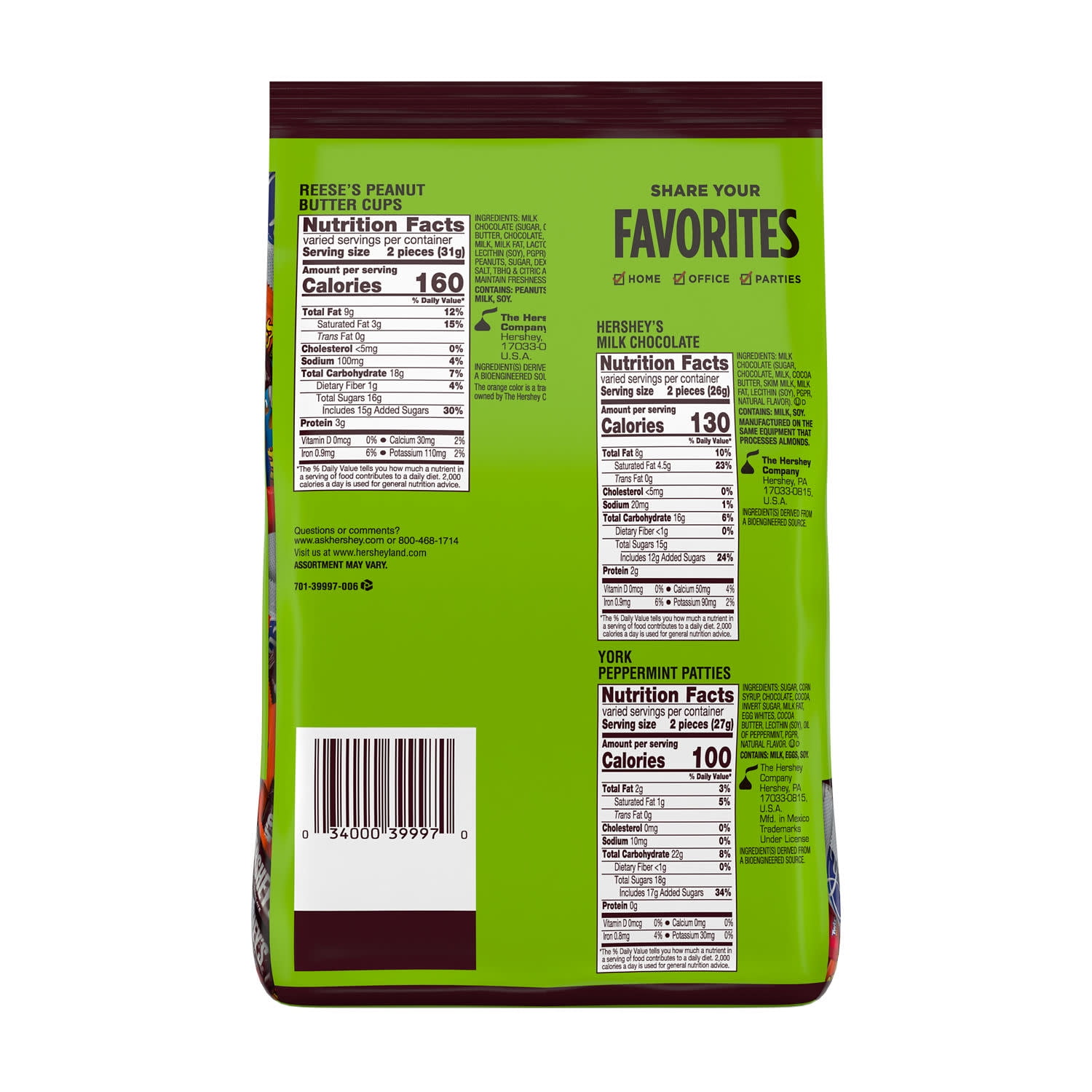 Hershey Assorted Chocolate Flavored Snack Size Candy, Party Pack 33.43 oz