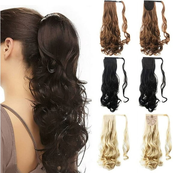 Ponytail Extensions Mulaibdin 20 inch Curly Wavy Ponytail Hairpiece, Wrap Around Ponytail Extension Clip In, Hair Extensions for Women, Long Hair Synthetic Hairpiece (Medium Brown)