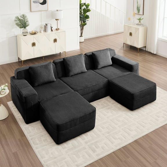 Modular 3 Seat U Shape Sectional Couch in Black Corduroy Fabric. Boneless Cloud Sofa with Deep Seats, Throw Pillows & 2 Movable Ottomans. No Assembly Needed, Pet-Friendly Comfort for Living Room.
