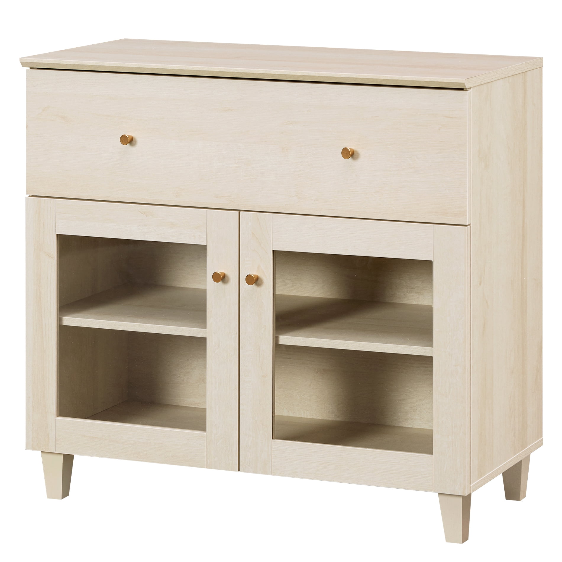 Large Bedroom Nightstand with Glass Doors, Tall Bedside Table with Drawer, Shelf and Cable Management, White Oak