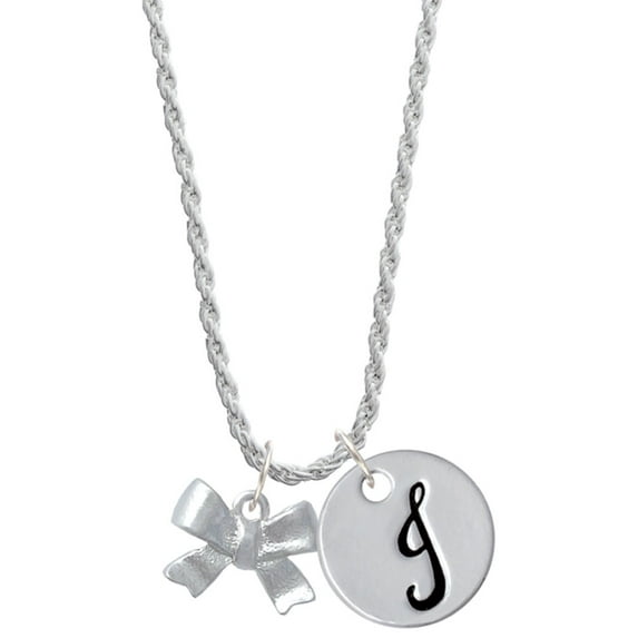 Delight Jewelry Silvertone 3-D Textured Bow Silvertone Script Initial Disc - J - Charm Necklace, 20"+3"
