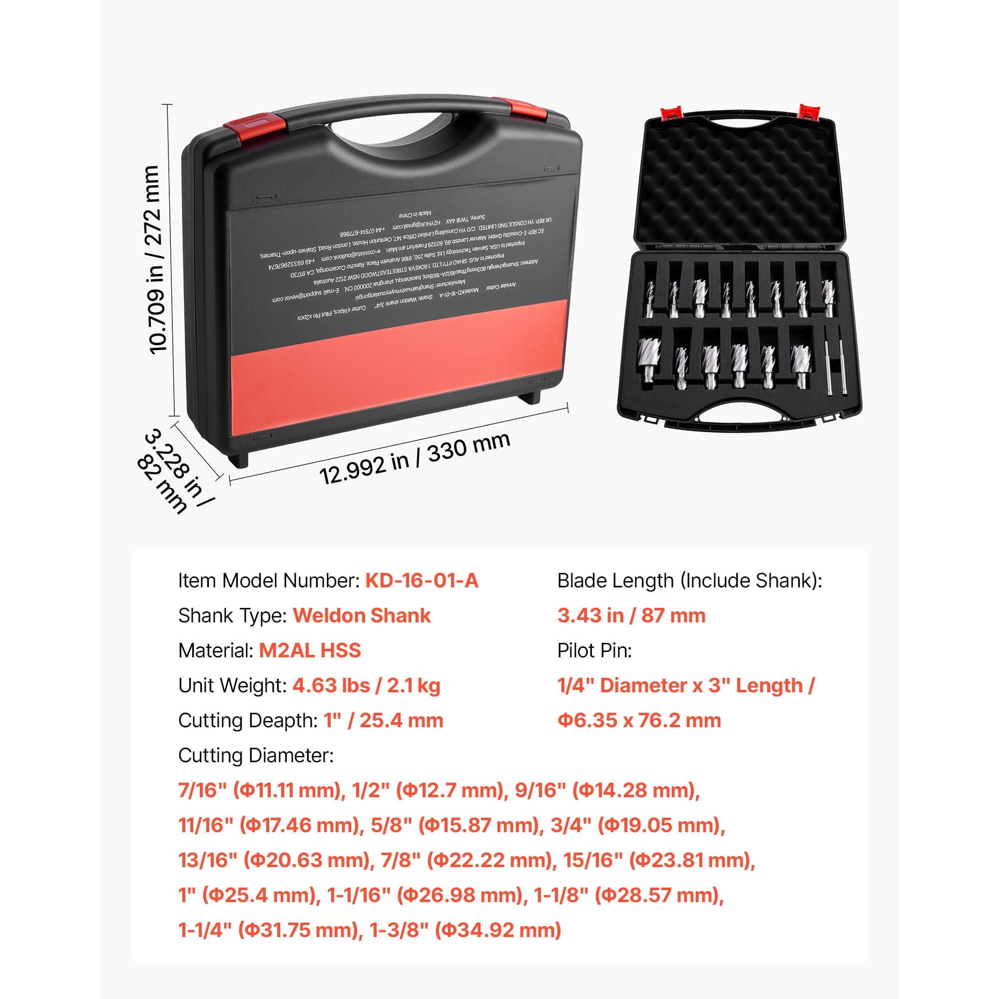 KFFKFF 16-Piece Annular Cutter Set, Weldon Shank Drill Bits Kit, 1" Depth, 7/16" to 1-3/8" Diameter, HSS, Includes 14 Cutters, 2 Pilot Pins, Plastic Case, Compatible with Magnetic Drills