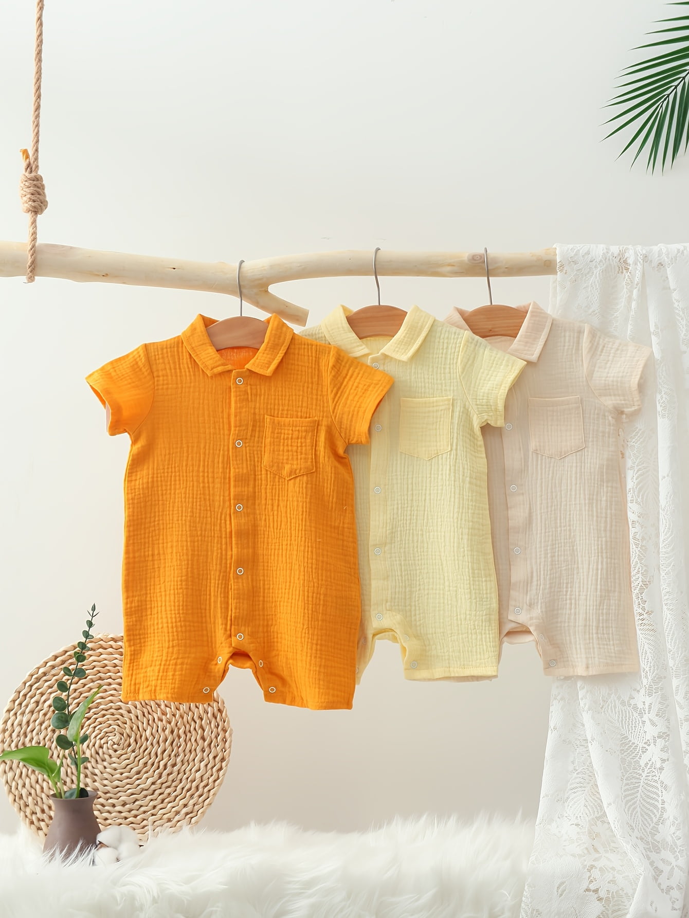 3pcs Baby Comfortable Breathable Muslin Onesie - Casual Solid Color, Short Sleeve Small Turnover Collar, Easy-Care Summer Romper, Unisex Clothing, Suitable for Outdoor Wear, Perfect for Outdoor