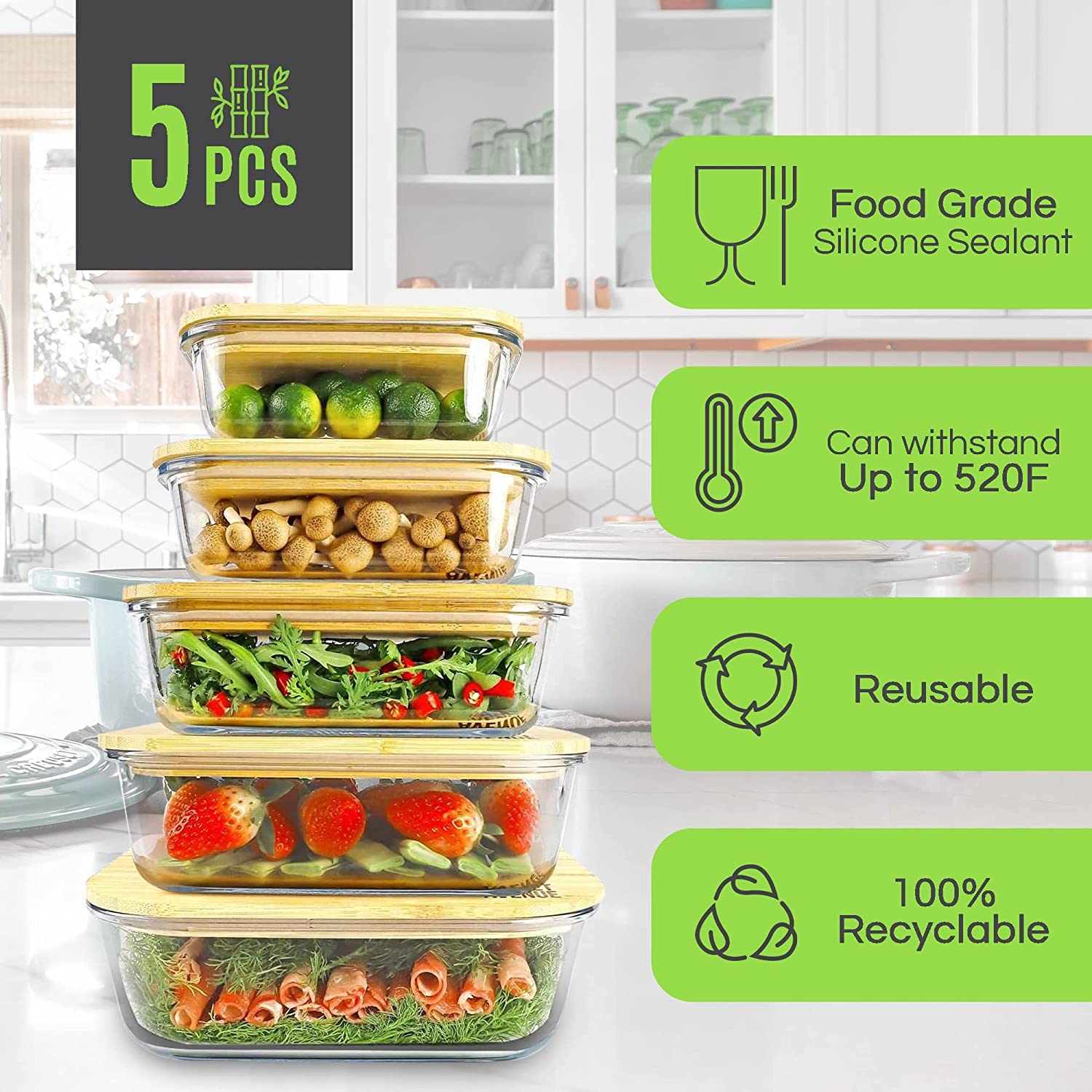 Planet Avenue Glass Food Storage Containers with Bamboo Lids – Airtight, Stackable, Eco-Friendly, BPA-Free – Set of 5