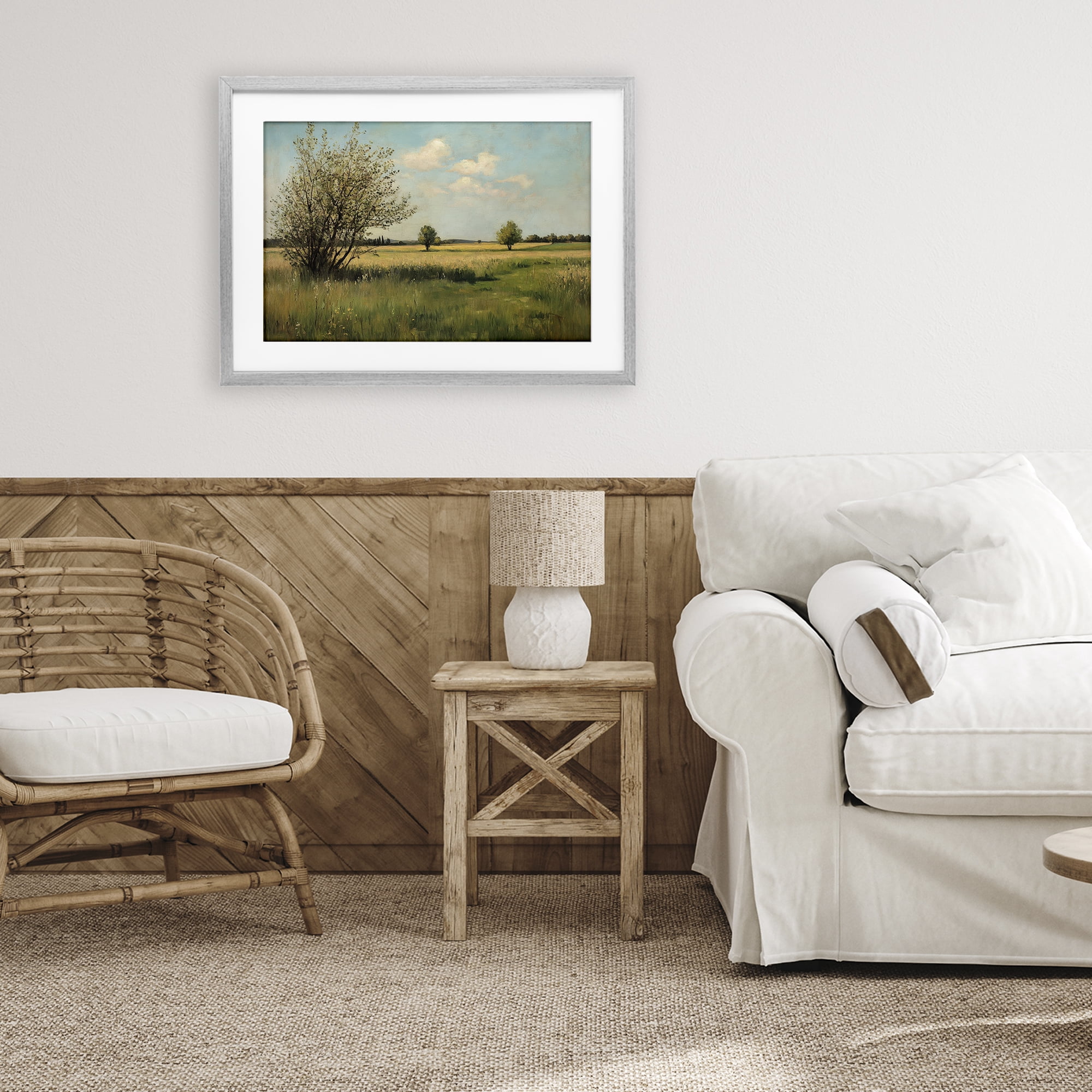 Stupell Industries Peaceful Meadow Under Serene Sky Gray Framed Print Under Glass, design by Petal Prints Design