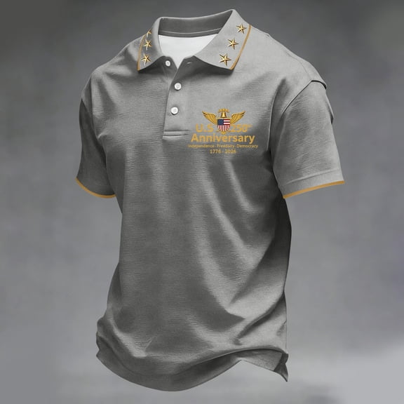 Dwelliawo 250 Year American Anniversary Shirt Men's 250 Anniversary Usa Freedom Short Sleeve Polo Shirts American Flag Casual Shirt Patriotic Top Gray M
