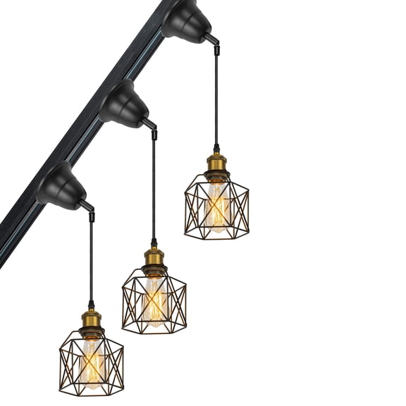 KAYYELAMP 3Pcs Slanting Position Adjusted Corded H-Type Cage Shade Black Track Light 3.2 Feet Matt Brass E26 Base Vintage Design for Kitchen Loft Sloping Space(No Bulb, Track)