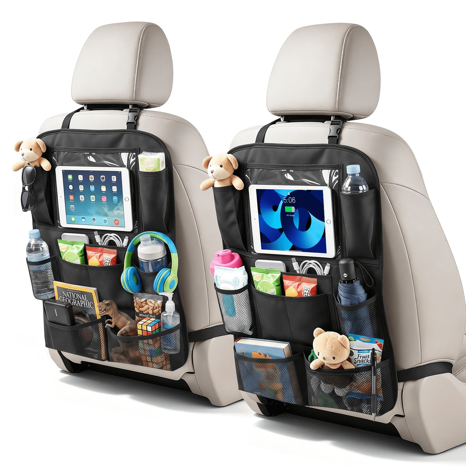 Car Backseat Organizer 2 Pack, Waterproof 600D Oxford Back Seat Car Storage Kick Mats with Clear Touchscreen Tablet Holder and Multi-Pocket Travel Accessories, 24" x 16.5"