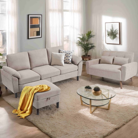 Pingliang Home Sectional Sofa Furniture Set, L Shaped Couch with Storage Ottoman & Loveseat with 2 Throw Pillows, Modern Linen 3 Seat Sofa and 2 Seat Couch for Living Room Apartment Office Studio