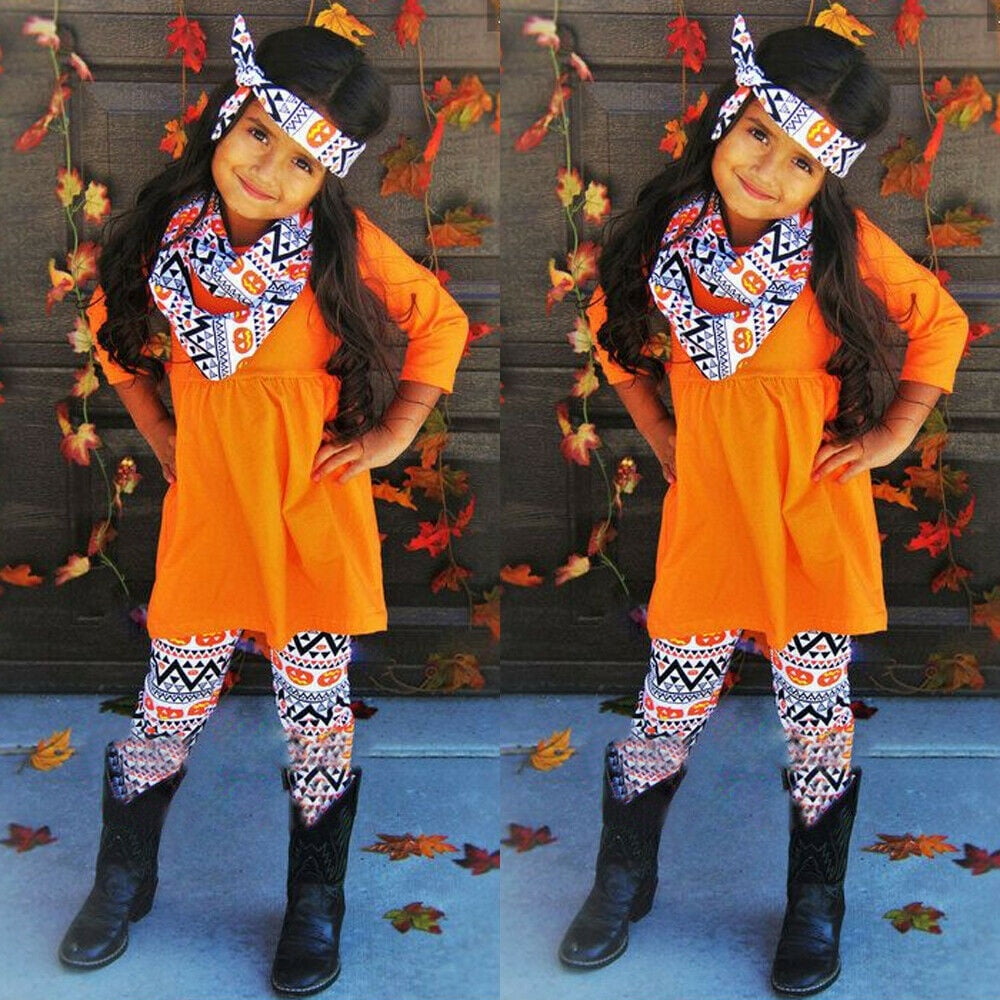 Pumpkin Top Ghost Star Long Leggings Pants Warm Scarves 3PCS Outfit Set Baby Girls Halloween Costumes