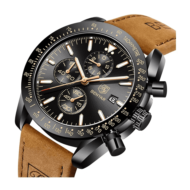 Reloj De Cuero Casual Para Hombre Con Cronógrafo Marron Negro