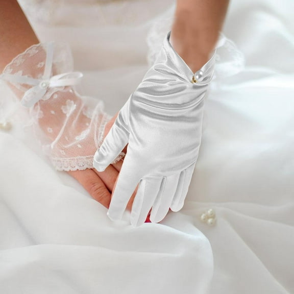 LOLIPPYY 1 Pair White Satin Bridal Gloves Short Fingerless Lace Wedding Gloves for Women