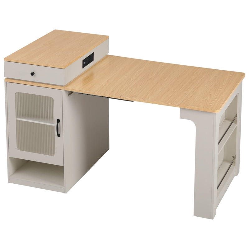 Bellemave 60" Kitchen Island with Extendable Dining Table and Power Outlet, Mobile Kitchen Storage Islands with 2 Storage Drawers, Rolling Islands Cart with Extra Rows Open Shelves（White)