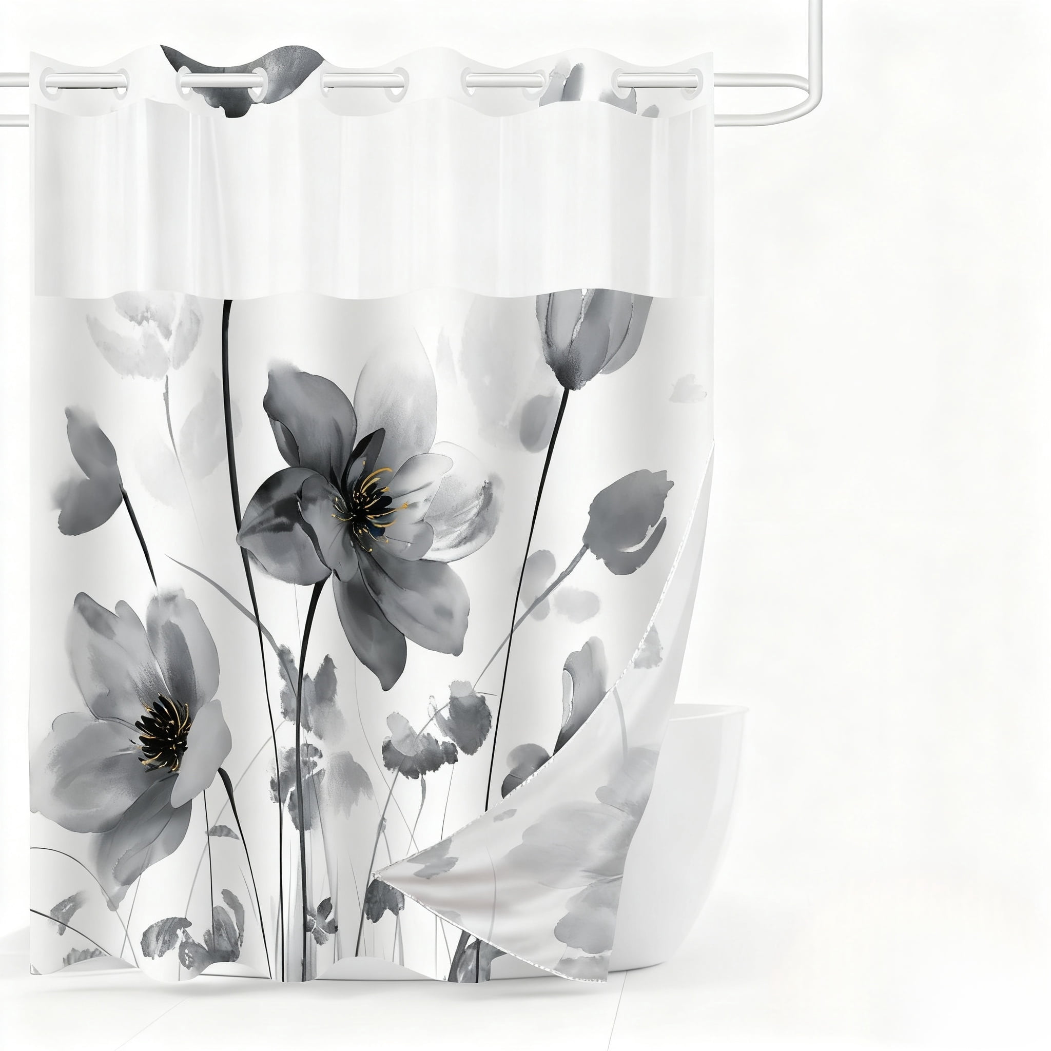 NIUBIER No Hook Boho Floral Shower Curtain Set with Snap-in Liner, Black Watercolor Flower Fabric Bathroom Curtain with See-Through Top Window, 71"X74"