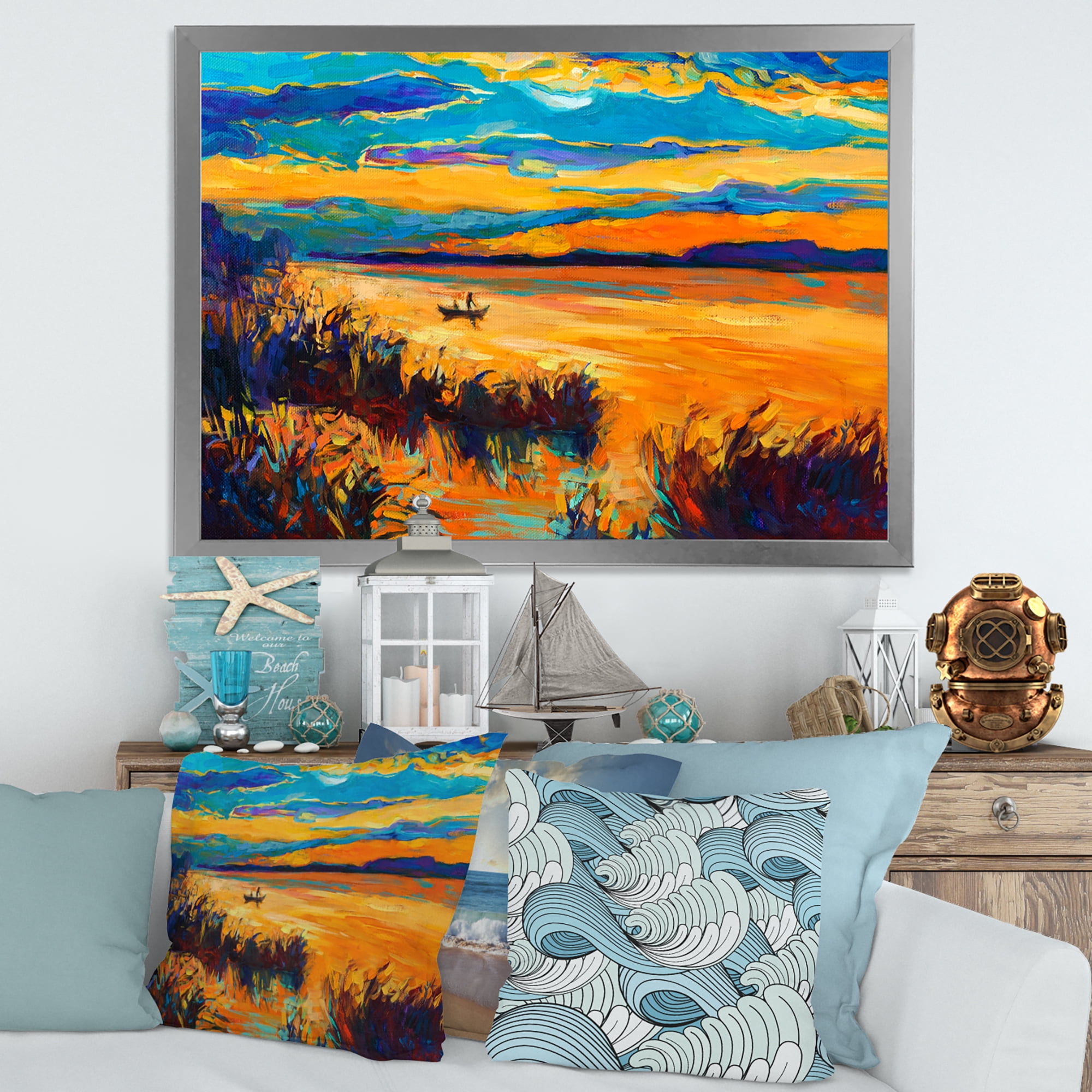 Little Boat At The Horizon Of A Lake During Evening Glow 32 in x 16 in Framed Painting Canvas Art Print, by Designart