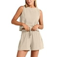thumbnail image 2 of Womens Linen Two Piece Outfit Sleeveless Crewneck Crop Tank Tops Drawsting Wide Leg Shorts Summer Set, 2 of 8