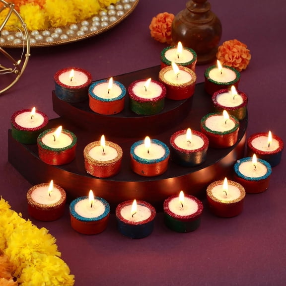 TIED RIBBONS Terracotta Tealight Diyas Set of 20, Clay Diya with Wax for Home & Table Decor Short Description