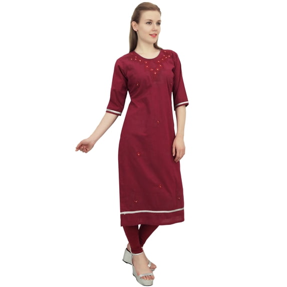 Bimba Cotton Embroidery Kurti Tunic Round Neck Ethnic Maroon Casual Kurta Wear - 6