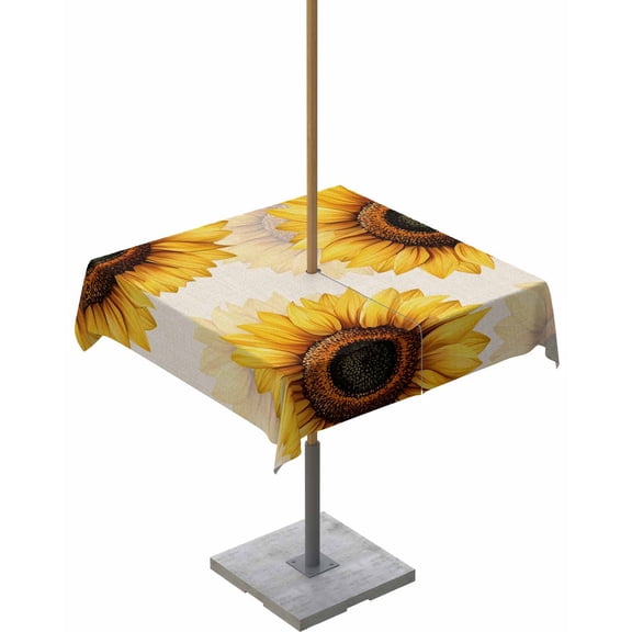 Outdoor Tablecloth with Umbrella Hole for Patio/Picnic/Party/Camping, Yellow Sunflower Waterproof Table Cloth Square Cover Washable, Beige Modern Art Botanical Floral 54"x 54"