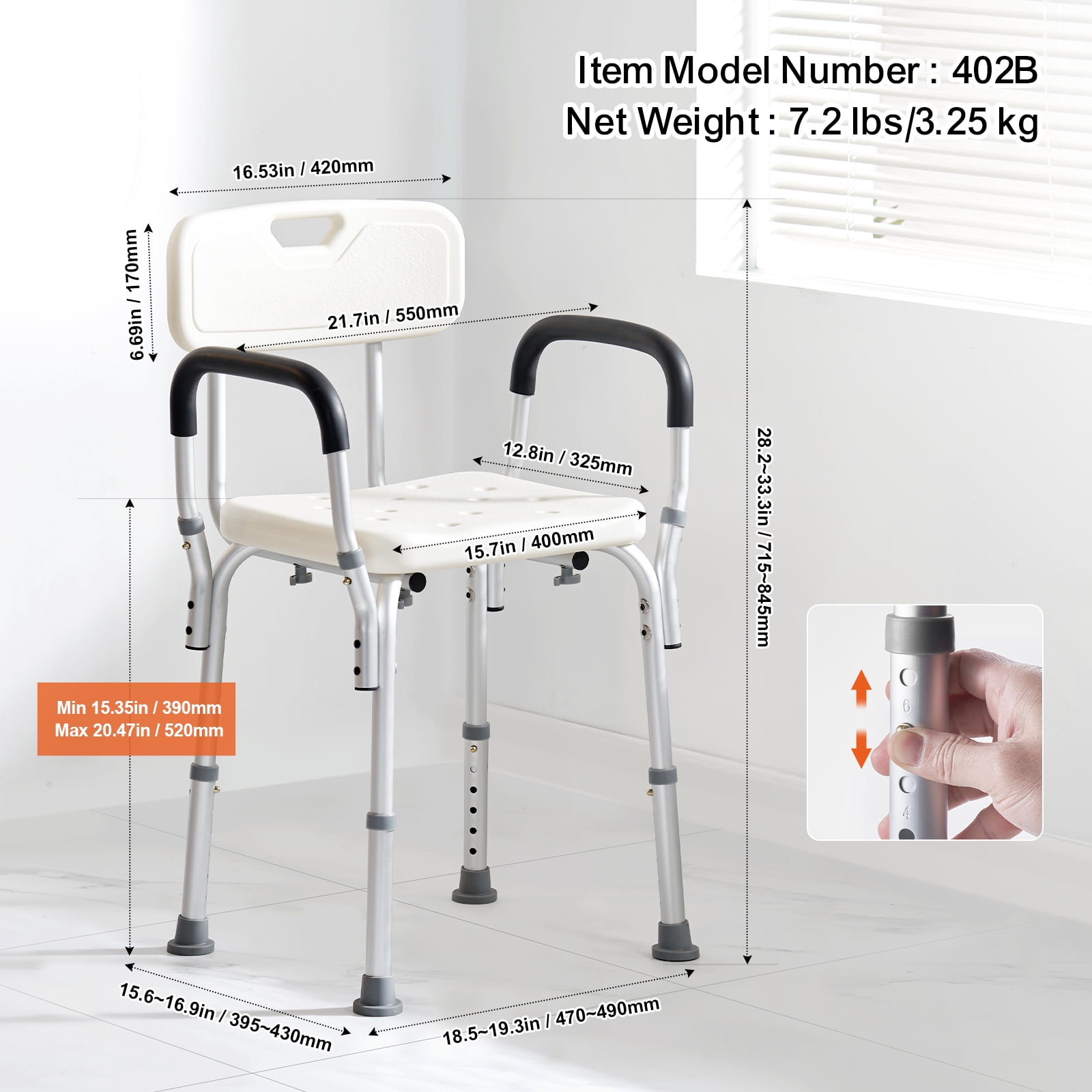 KFFKFF Shower Chair Bath Bench Seat Stool with Back Arms Adjustable Height 350lbs