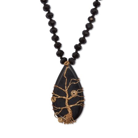 Black Glass Beaded Goldtone Tree Pendant Necklace 34-inch